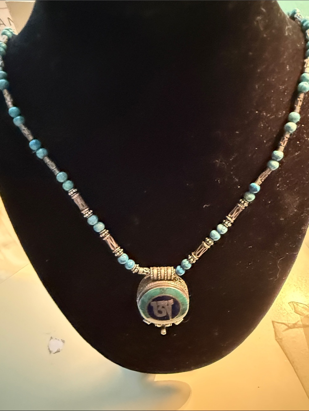 Tibetan Ghau amulet box pendant necklace with inlay Turquoise.